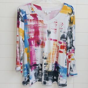 Habitat Clothes To Live In Abstract V-Neck Top Women's Large Button Sleeve Artsy